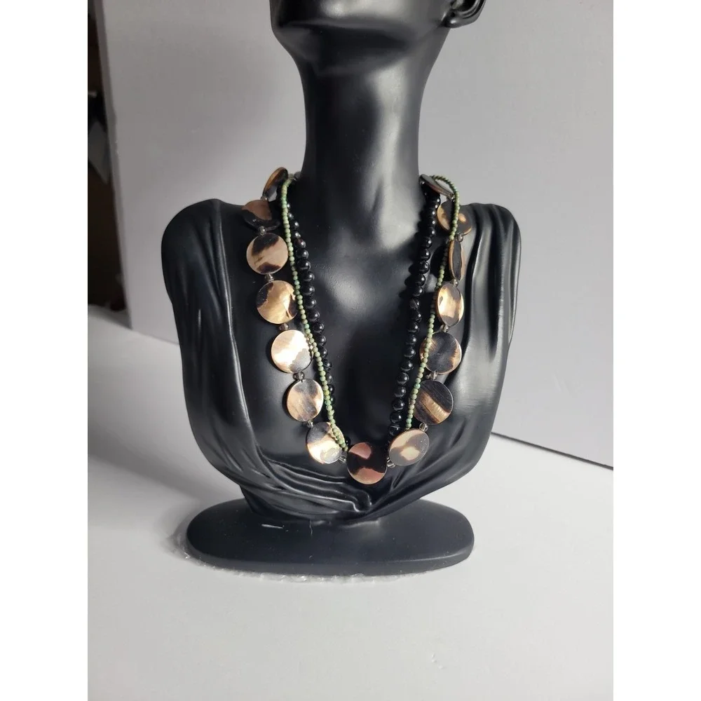 Multi Strand Shell Disc Necklace 925 Sterling‎ Clasp Black Bead Boho Artisan